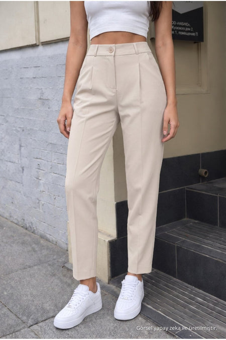 Women's High-Waisted Elasticated Carrot Cut Dart Trousers, Beige - MALLTURK