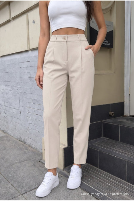 Women's High-Waisted Elasticated Carrot Cut Dart Trousers, Beige - MALLTURK