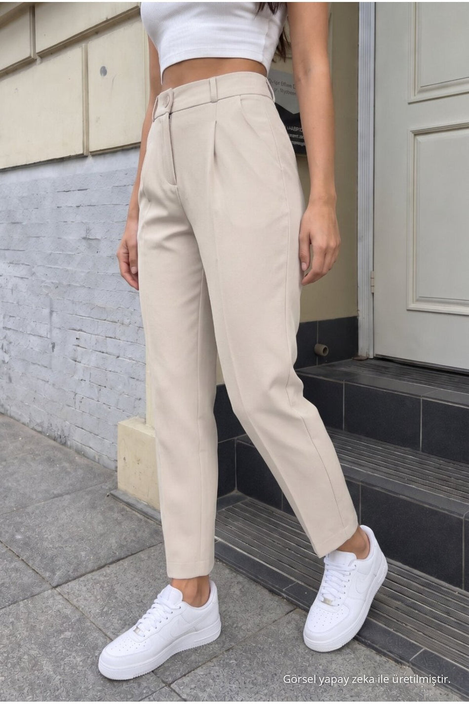 Women's High-Waisted Elasticated Carrot Cut Dart Trousers, Beige - MALLTURK