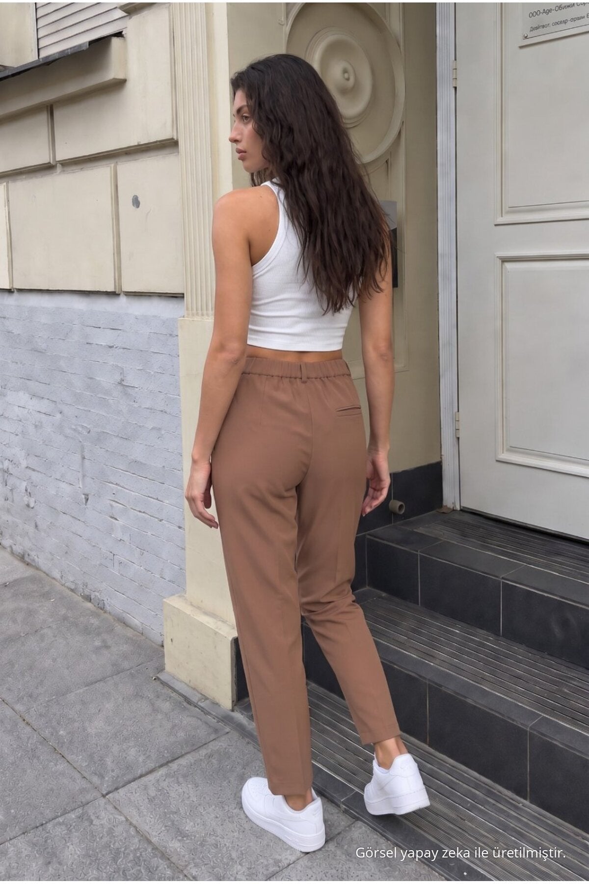 Women's High-Waisted Elasticated Carrot Cut Dart Trousers, Mink Color - MALLTURK