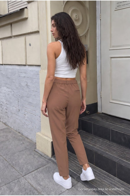 Women's High-Waisted Elasticated Carrot Cut Dart Trousers, Mink Color - MALLTURK