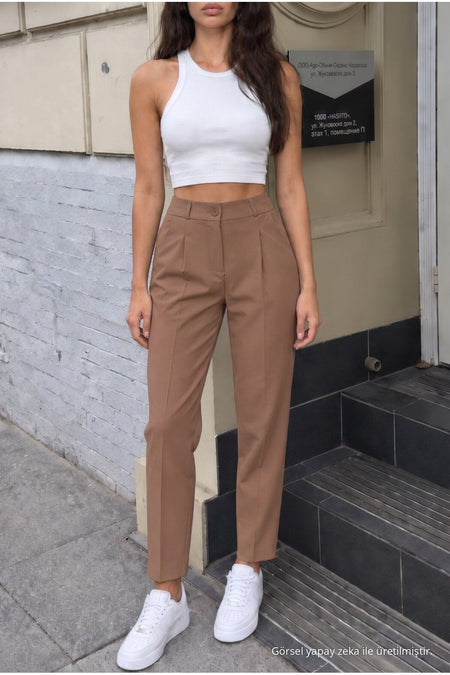 Women's High-Waisted Elasticated Carrot Cut Dart Trousers, Mink Color - MALLTURK