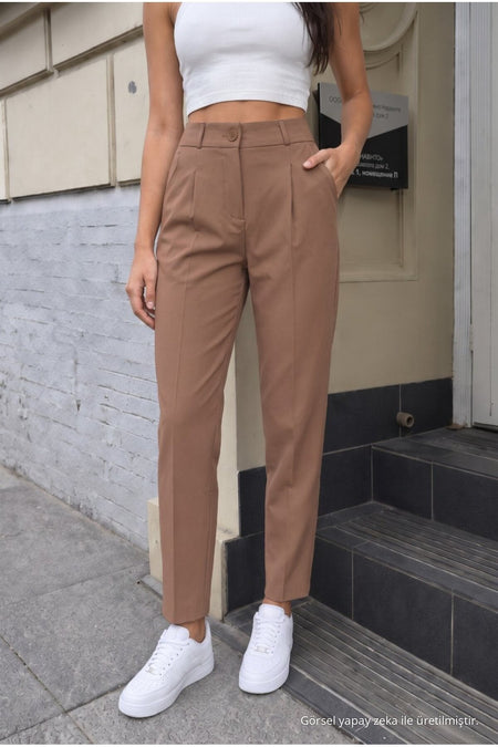 Women's High-Waisted Elasticated Carrot Cut Dart Trousers, Mink Color - MALLTURK