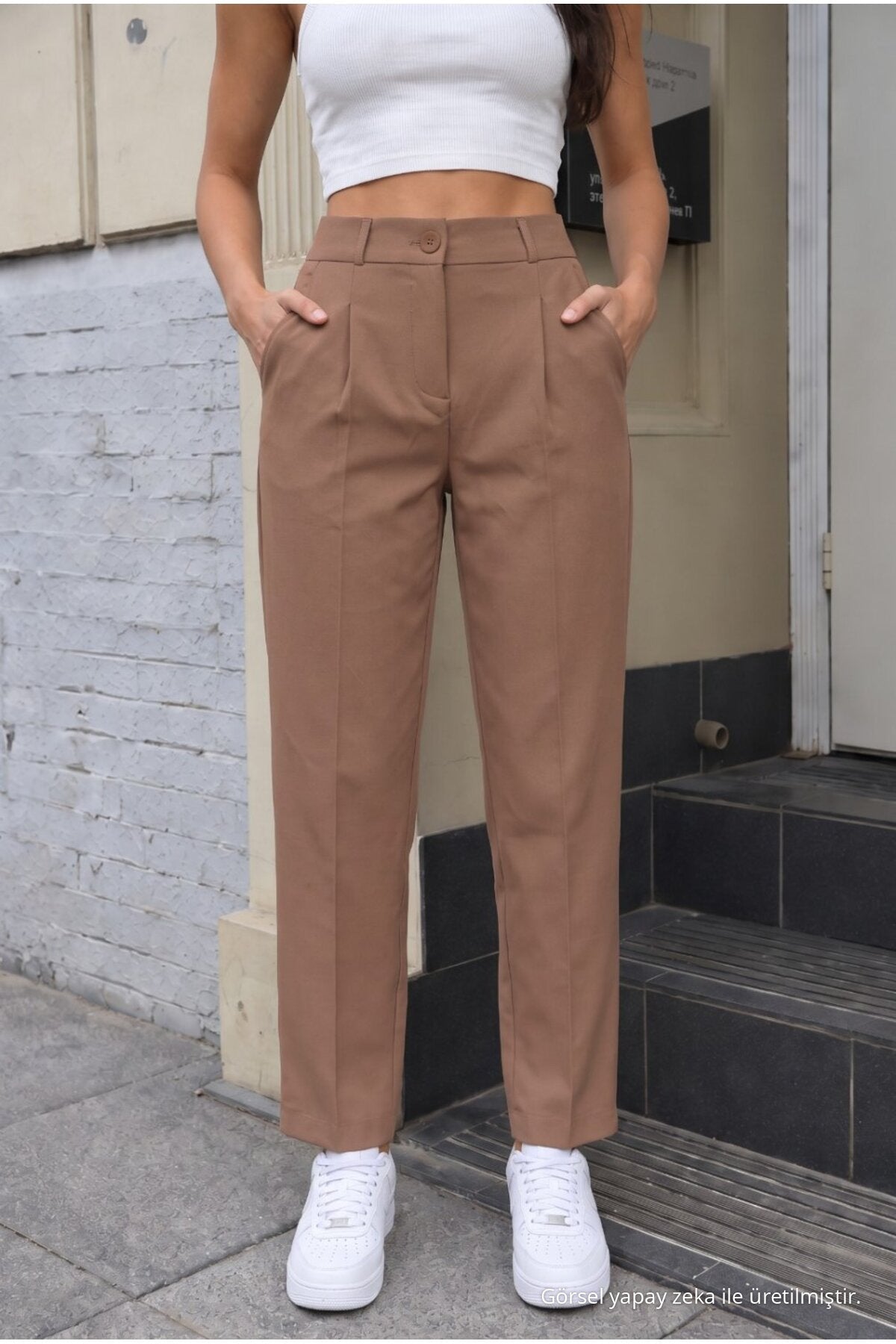Women's High-Waisted Elasticated Carrot Cut Dart Trousers, Mink Color - MALLTURK
