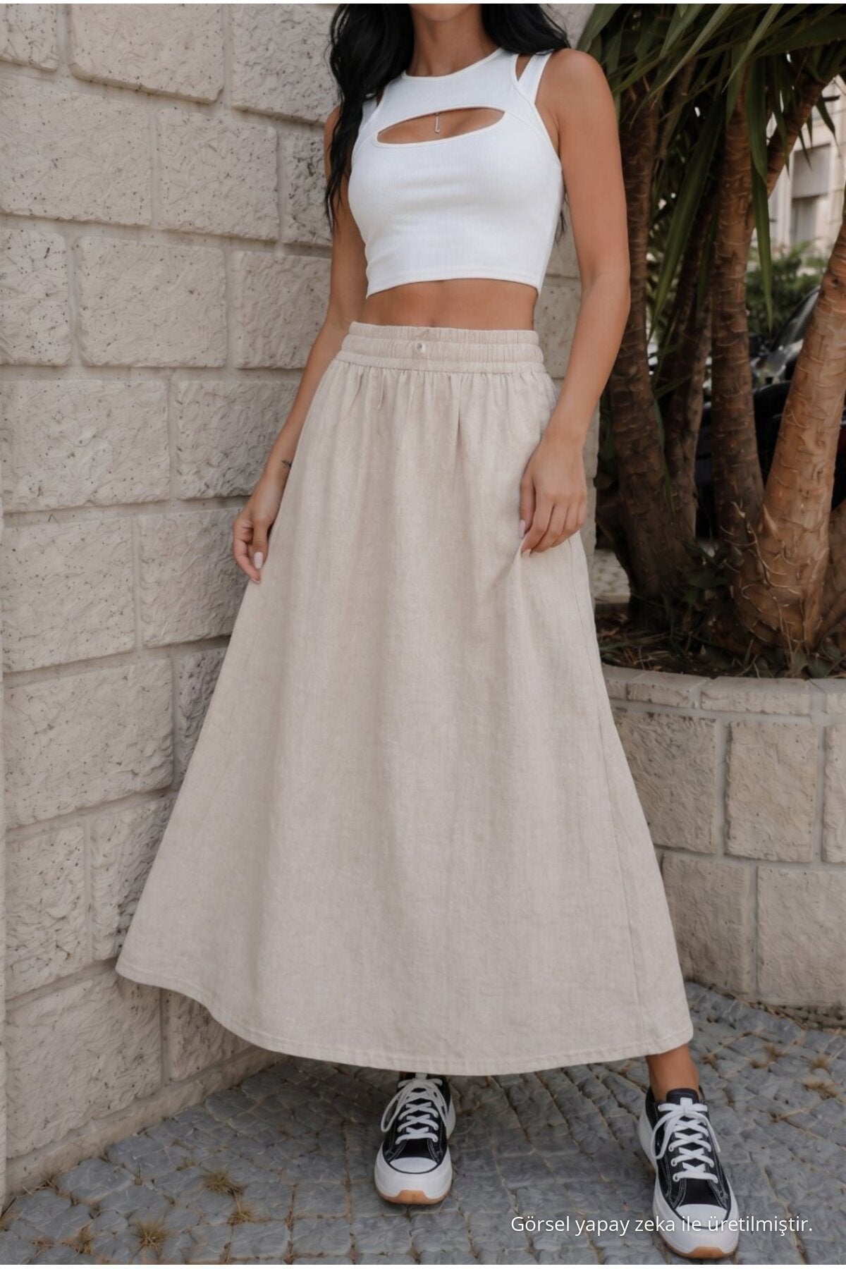 Women's High-Waisted, Elasticated Waist, Pocketed Linen Skirt (STONE) - MALLTURK