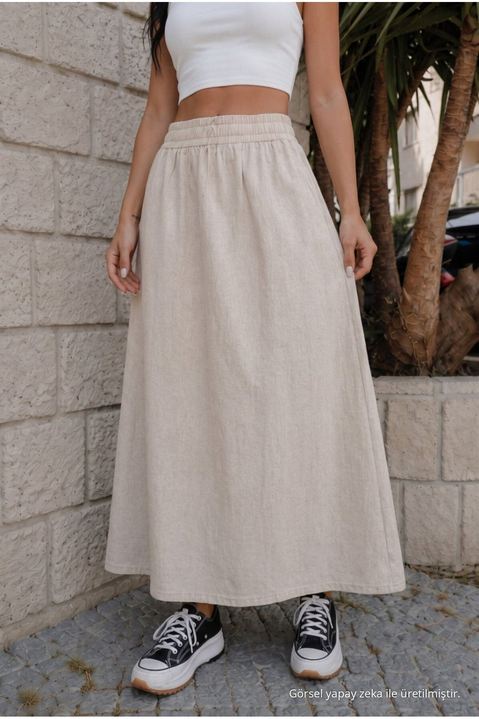 Women's High-Waisted, Elasticated Waist, Pocketed Linen Skirt (STONE) - MALLTURK