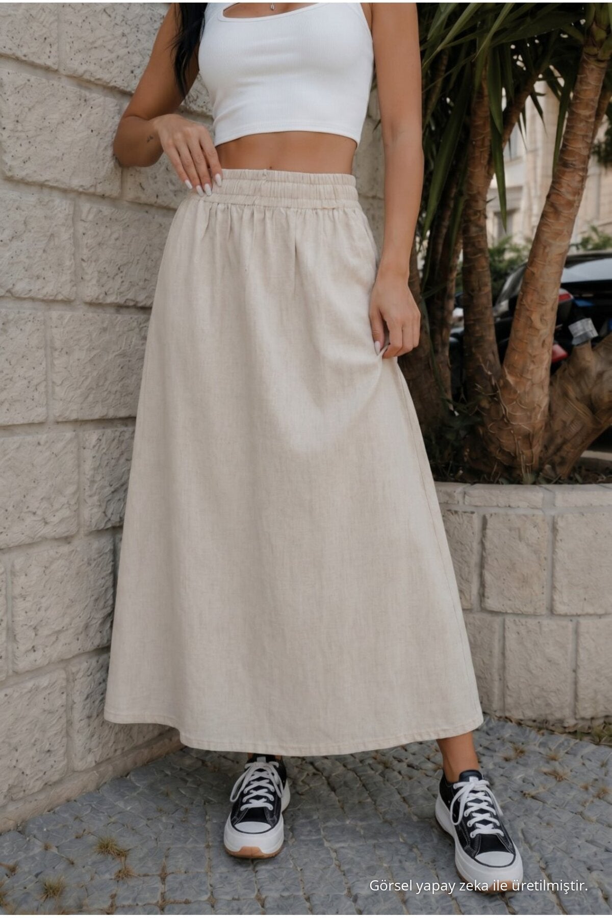 Women's High-Waisted, Elasticated Waist, Pocketed Linen Skirt (STONE) - MALLTURK