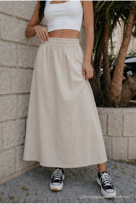 Women's High-Waisted, Elasticated Waist, Pocketed Linen Skirt (STONE) - MALLTURK