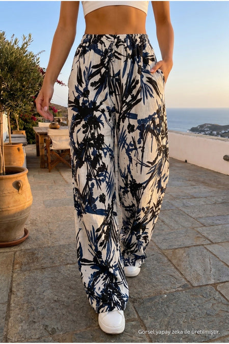 Women's High-Waisted Leaf Patterned Elastic Waist Summer Fabric Trousers BLUE - MALLTURK