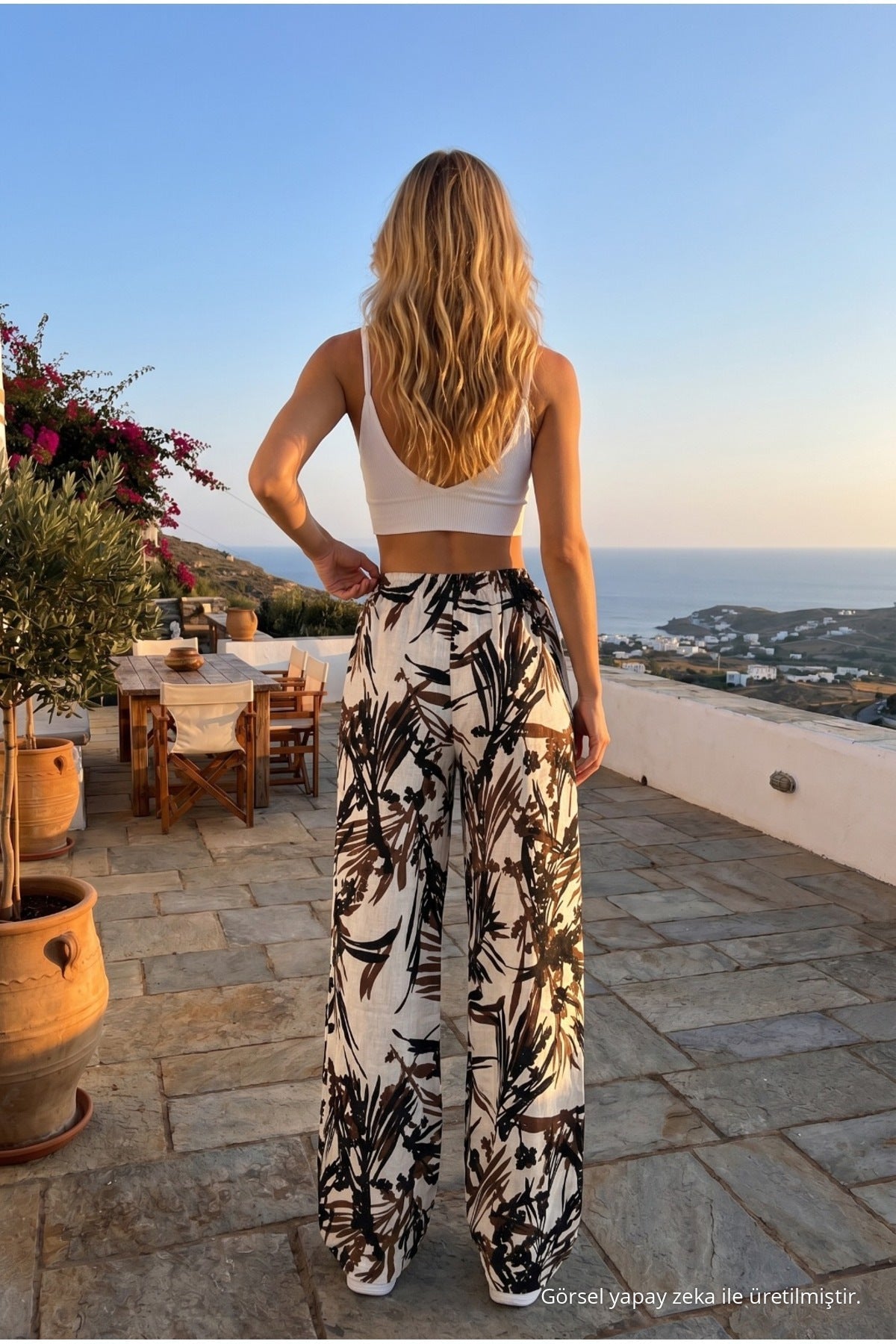 Women's High-Waisted Leaf Patterned Elastic Waist Summer Fabric Trousers, COFFEE - MALLTURK