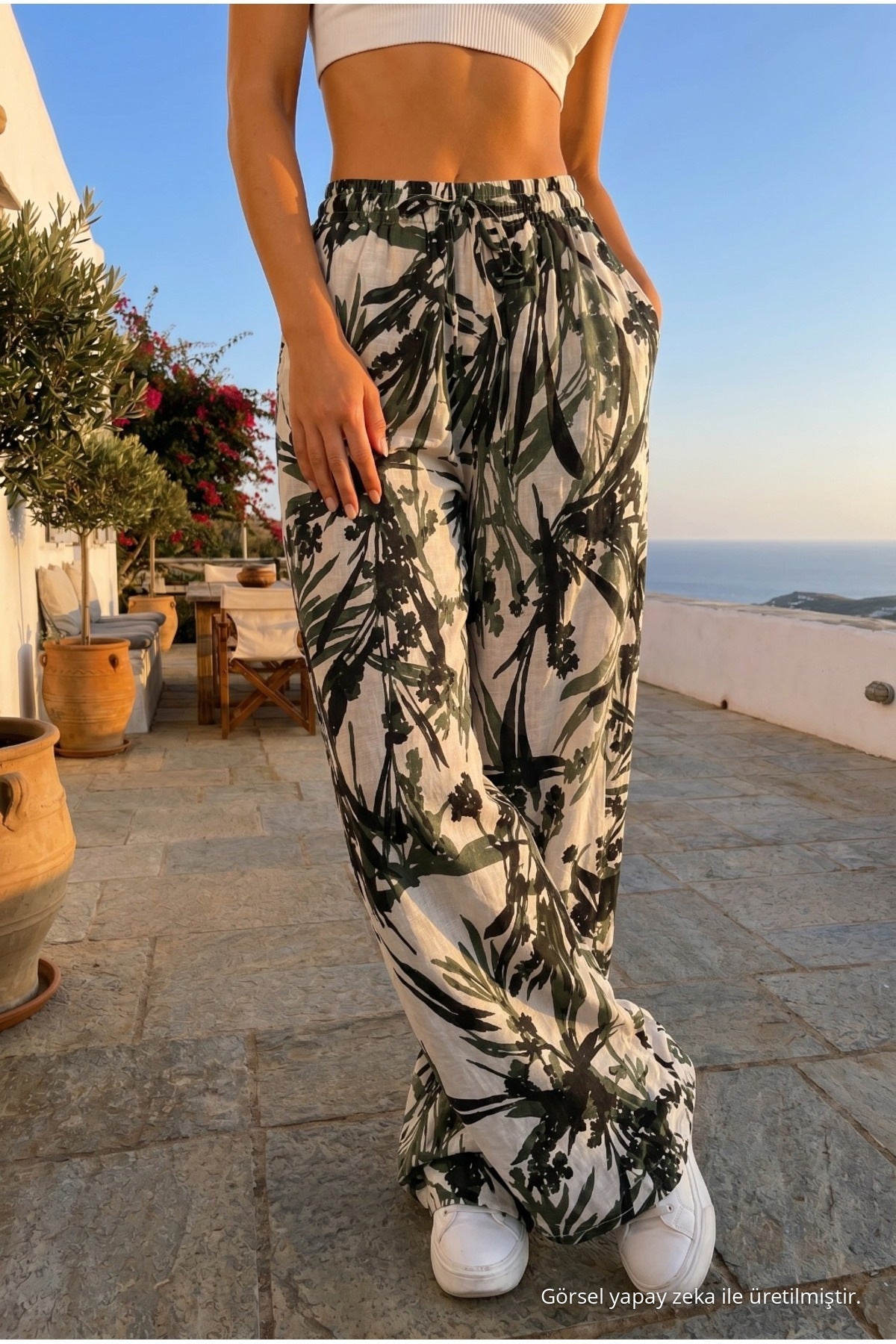Women's High-Waisted Leaf Patterned Elastic Waist Summer Fabric Trousers GREEN - MALLTURK
