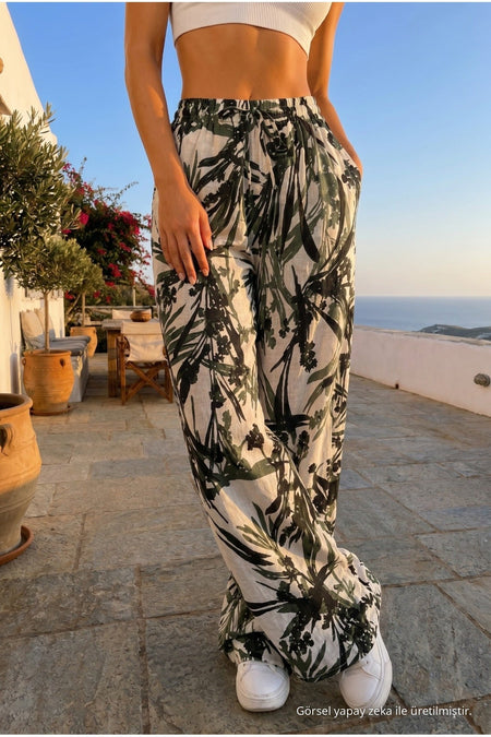 Women's High-Waisted Leaf Patterned Elastic Waist Summer Fabric Trousers GREEN - MALLTURK