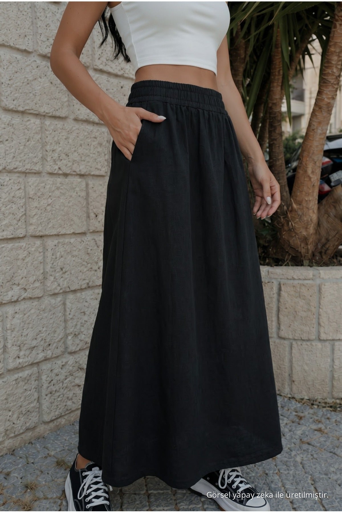 Women's High-Waisted Linen Skirt with Elastic Waist and Pockets, BLACK - MALLTURK