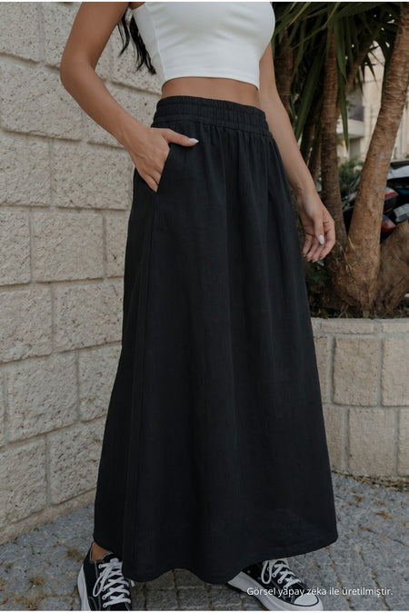 Women's High-Waisted Linen Skirt with Elastic Waist and Pockets, BLACK - MALLTURK