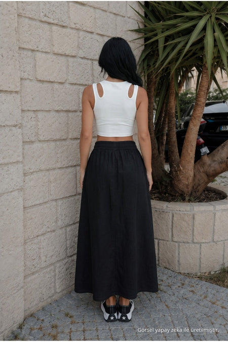Women's High-Waisted Linen Skirt with Elastic Waist and Pockets, BLACK - MALLTURK