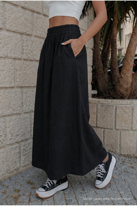 Women's High-Waisted Linen Skirt with Elastic Waist and Pockets, BLACK - MALLTURK
