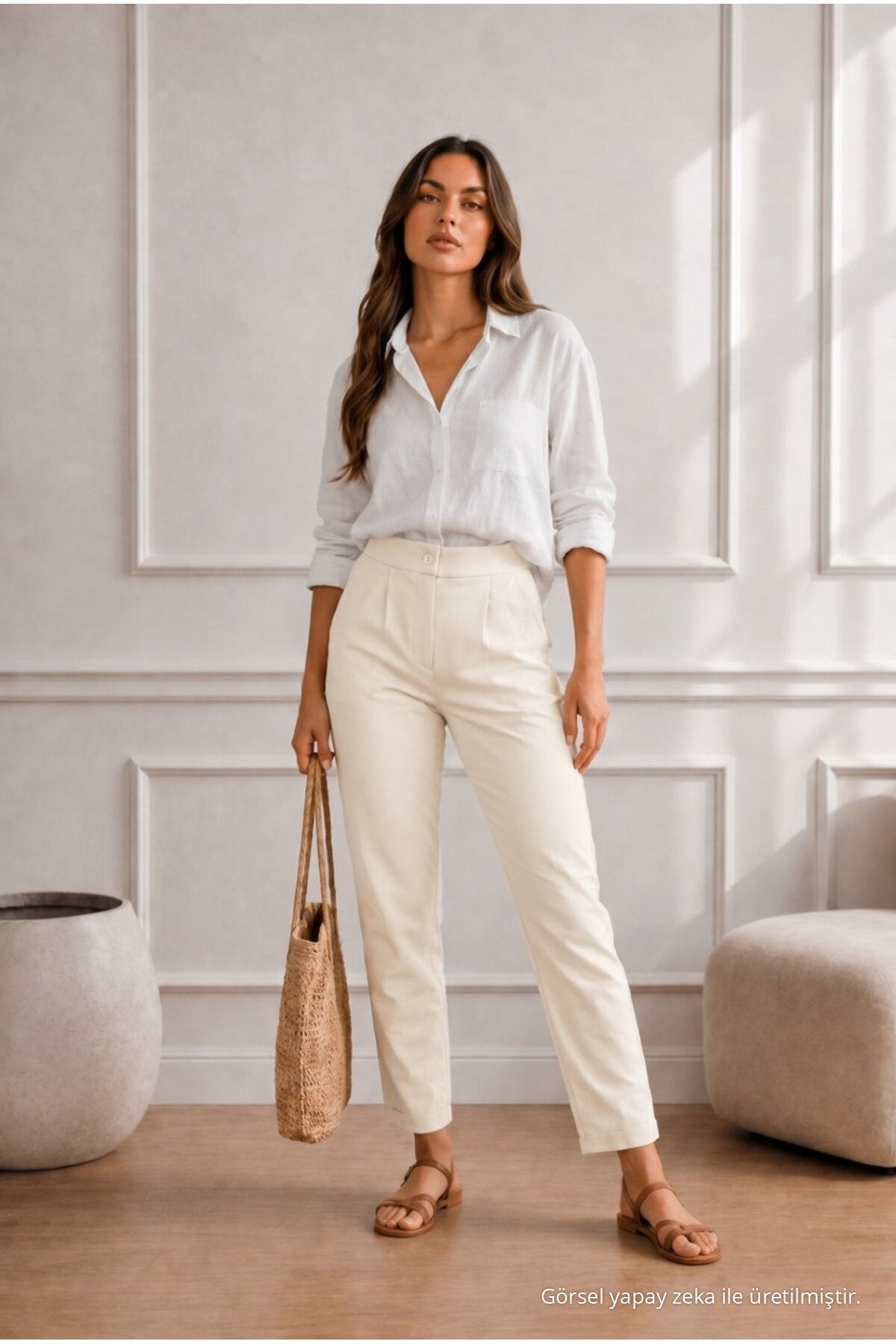 Women's High-Waisted Lycra/Stretch Carrot-Cut Fabric Trousers, Beige - MALLTURK