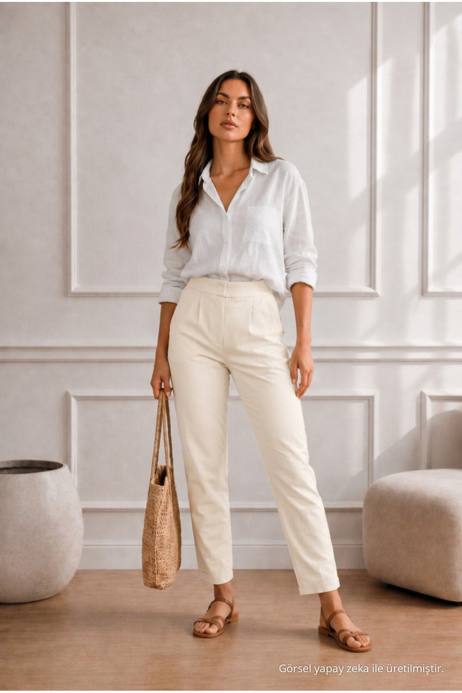 Women's High-Waisted Lycra/Stretch Carrot-Cut Fabric Trousers, Beige - MALLTURK