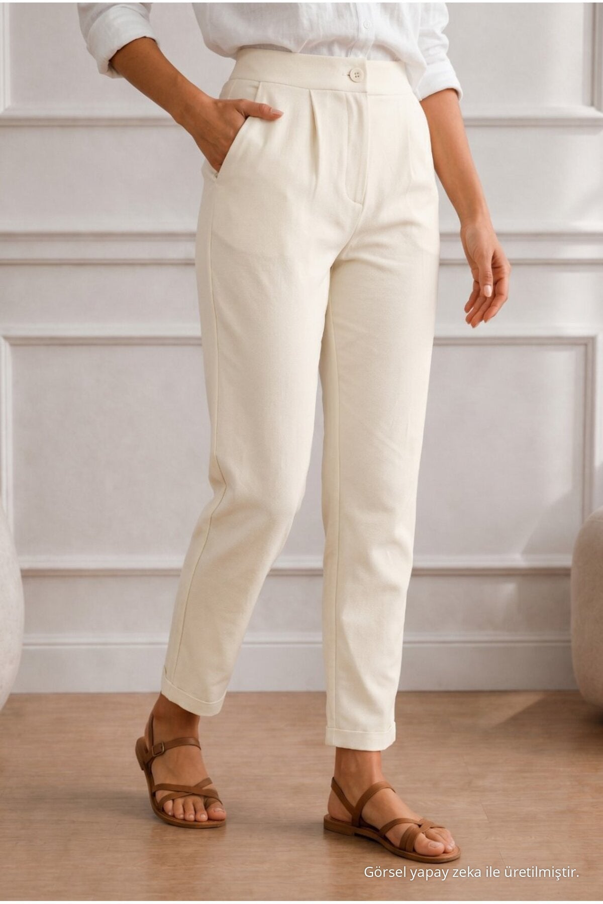 Women's High-Waisted Lycra/Stretch Carrot-Cut Fabric Trousers, Beige - MALLTURK