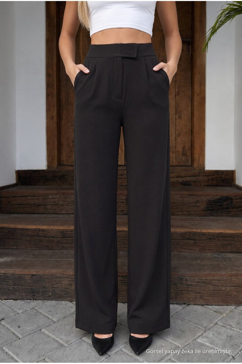 Women's High-Waisted Wide-Leg Lycra Trousers with Velcro Closure, BLACK - MALLTURK