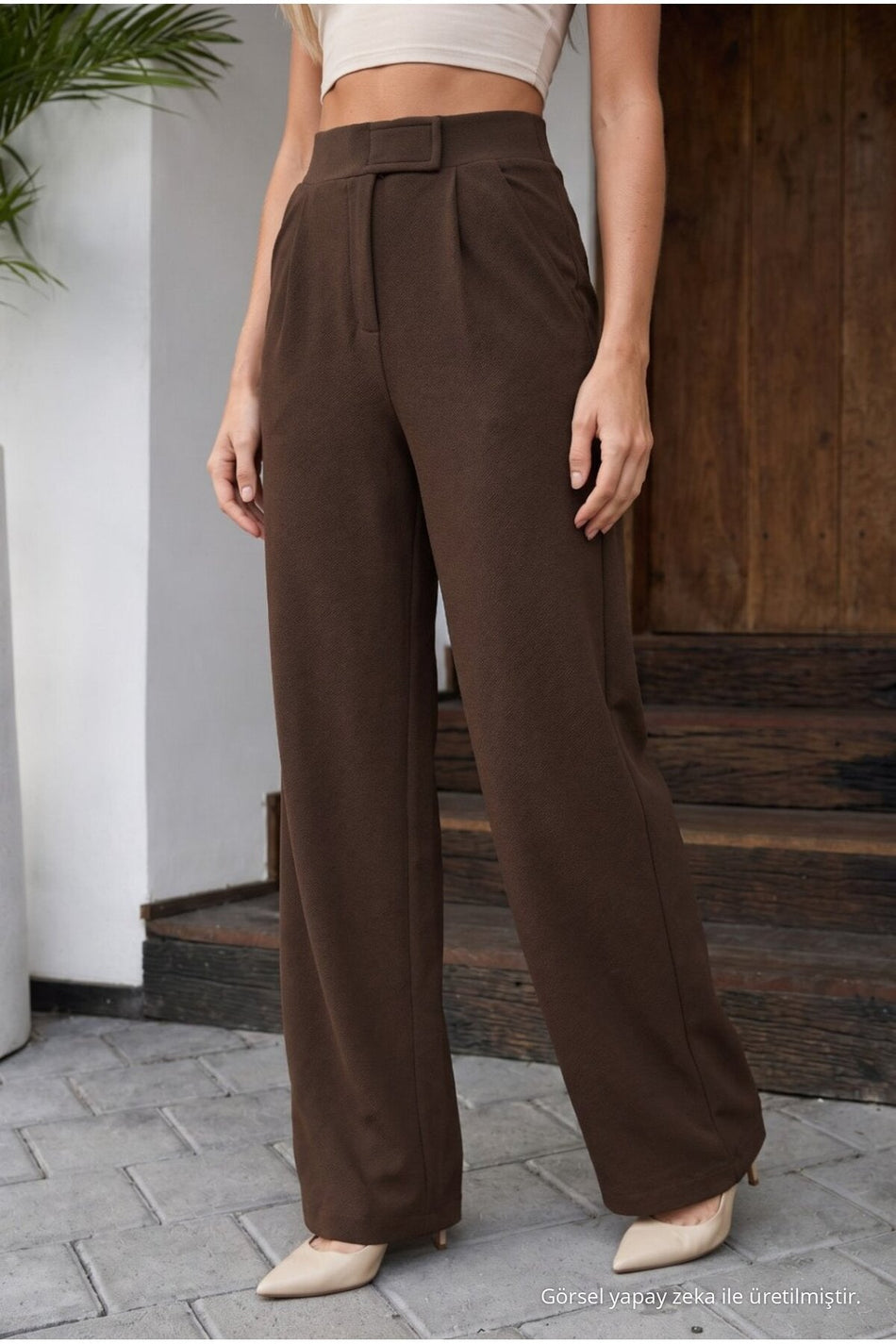 Women's High-Waisted Wide-Leg Lycra Trousers with Velcro Closure, BROWN - MALLTURK