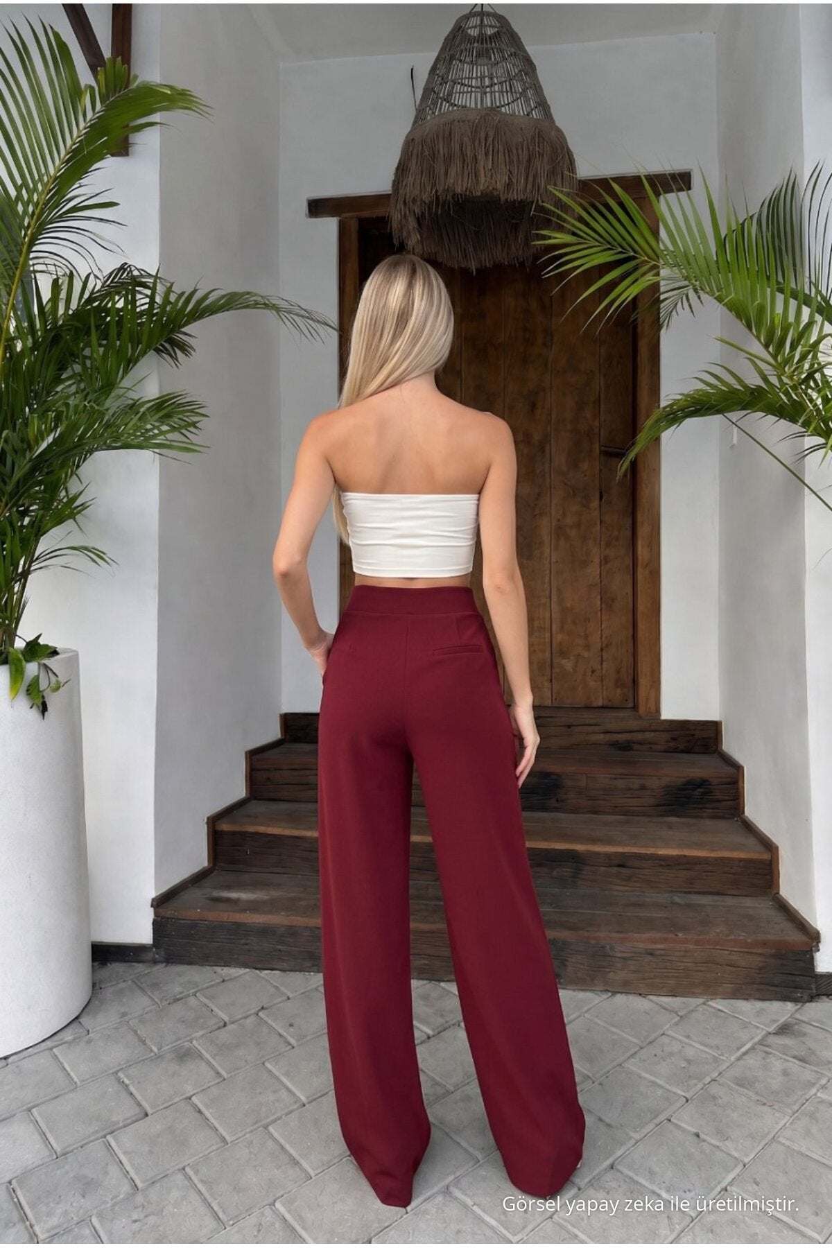 Women's High-Waisted Wide-Leg Lycra Trousers with Velcro Closure, Burgundy - MALLTURK