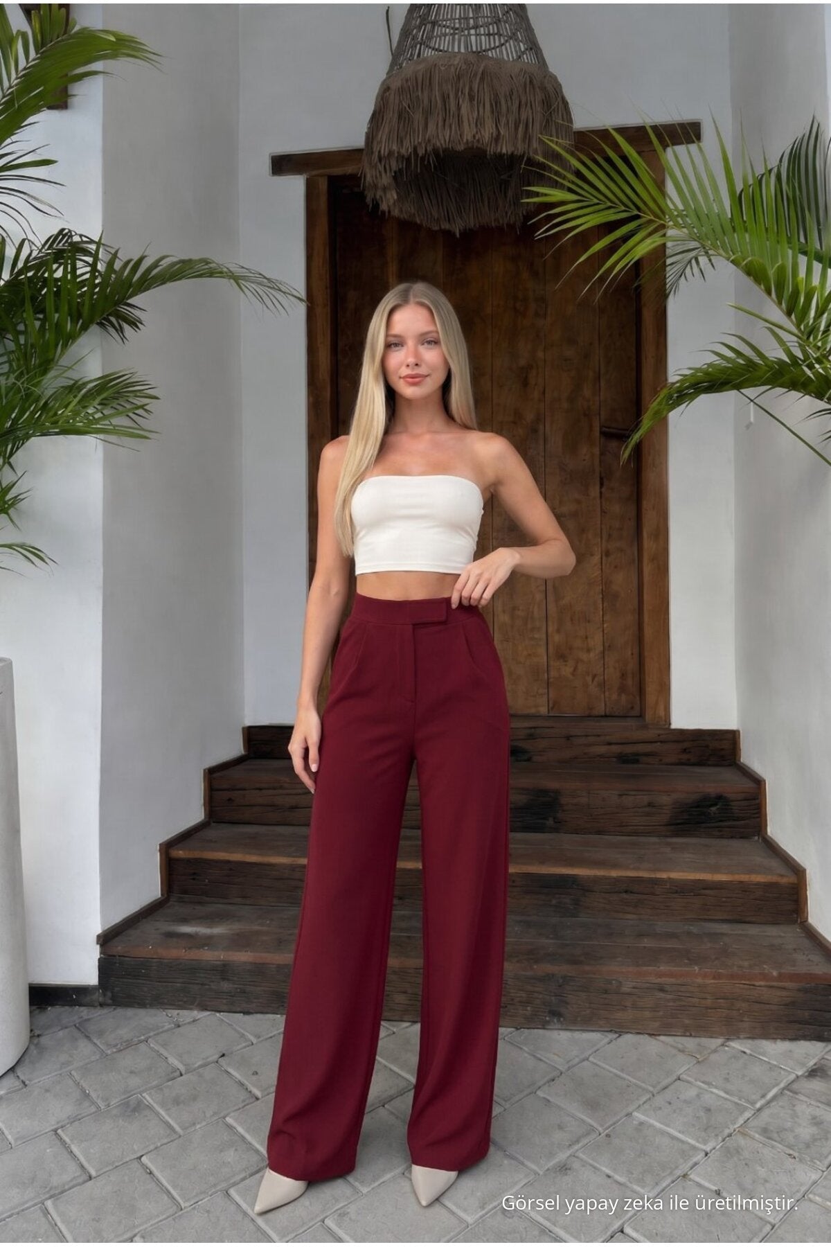 Women's High-Waisted Wide-Leg Lycra Trousers with Velcro Closure, Burgundy - MALLTURK