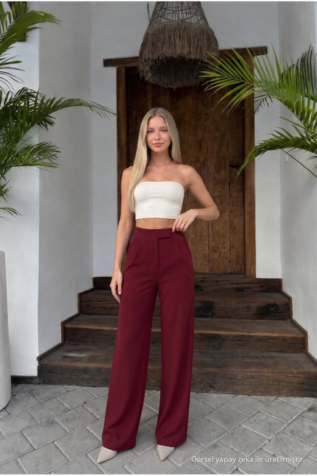 Women's High-Waisted Wide-Leg Lycra Trousers with Velcro Closure, Burgundy - MALLTURK
