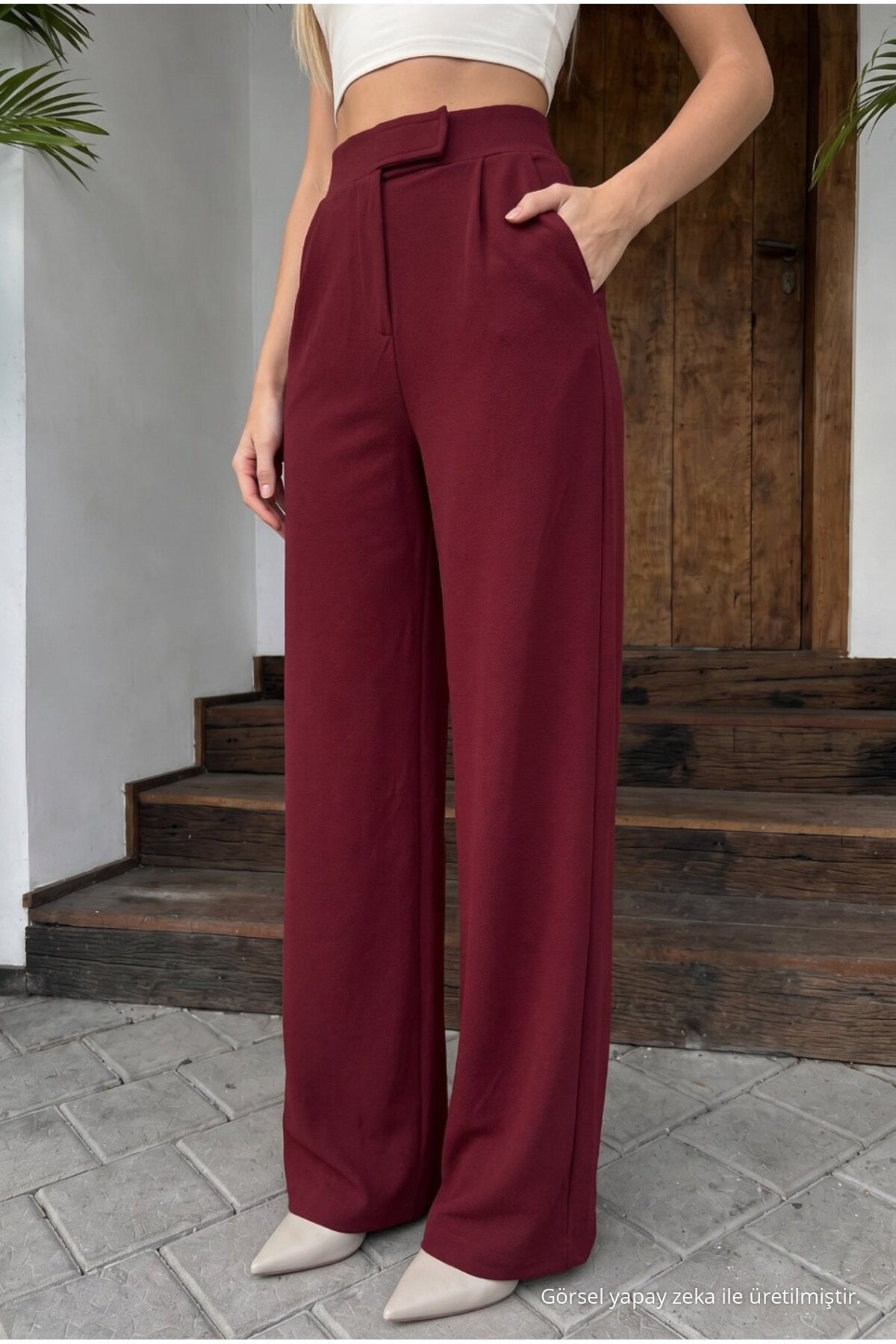 Women's High-Waisted Wide-Leg Lycra Trousers with Velcro Closure, Burgundy - MALLTURK