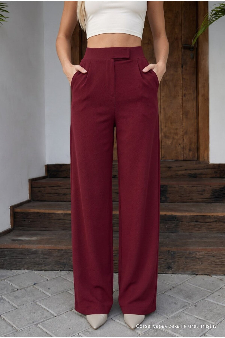 Women's High-Waisted Wide-Leg Lycra Trousers with Velcro Closure, Burgundy - MALLTURK