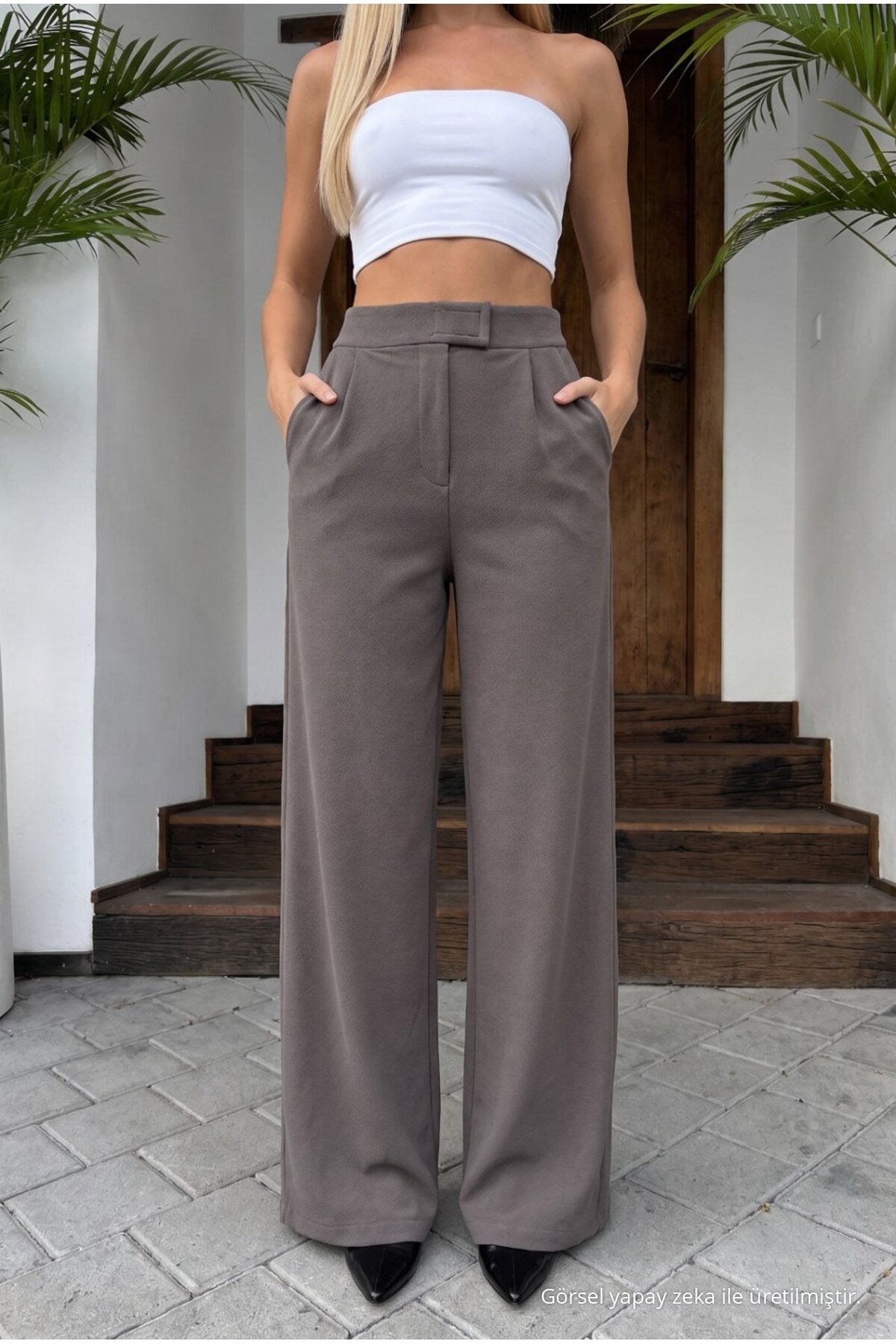 Women's High-Waisted Wide-Leg Lycra Trousers with Velcro Closure, Grey - MALLTURK