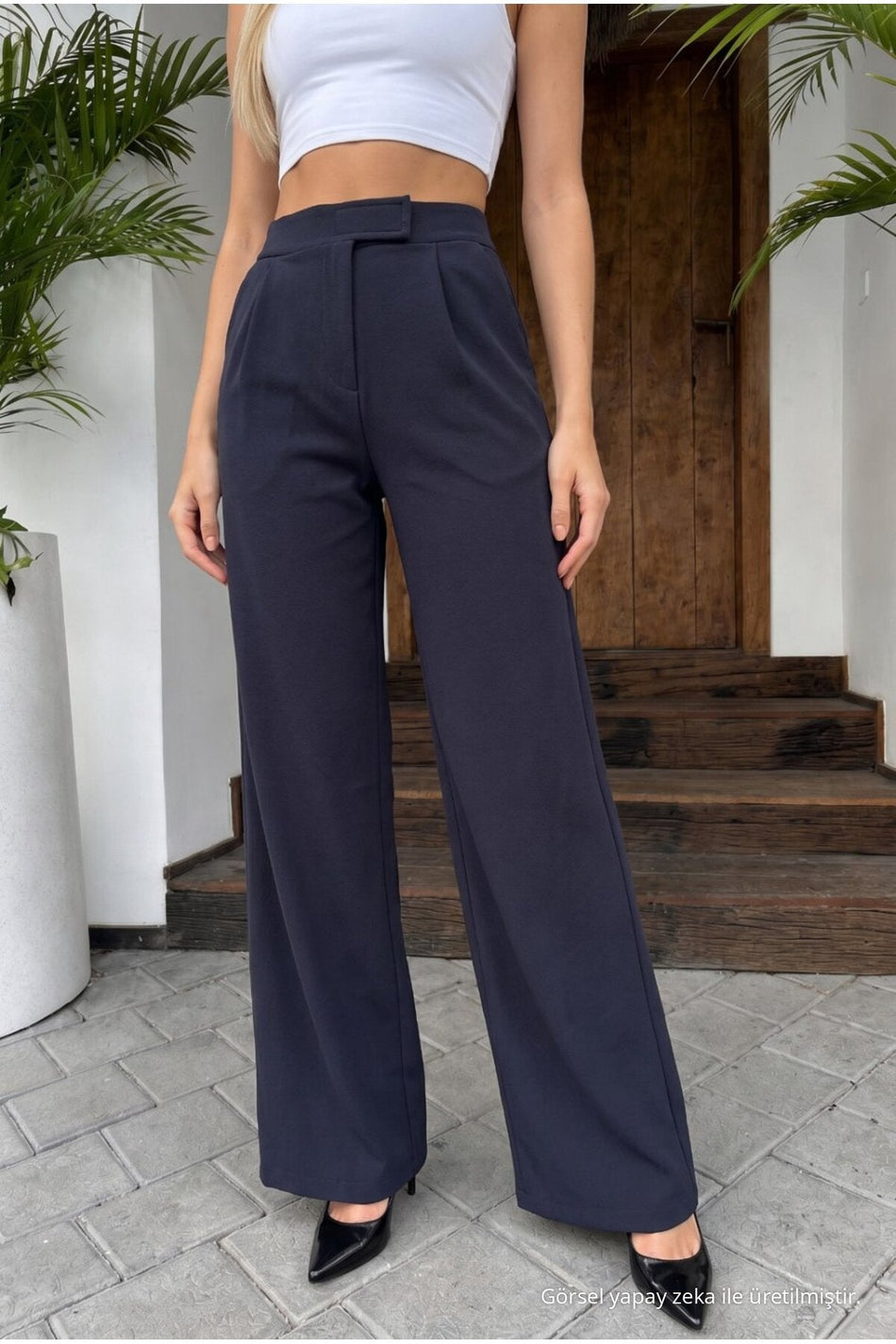 Women's High-Waisted Wide-Leg Lycra Trousers with Velcro Closure, NAVY BLUE - MALLTURK