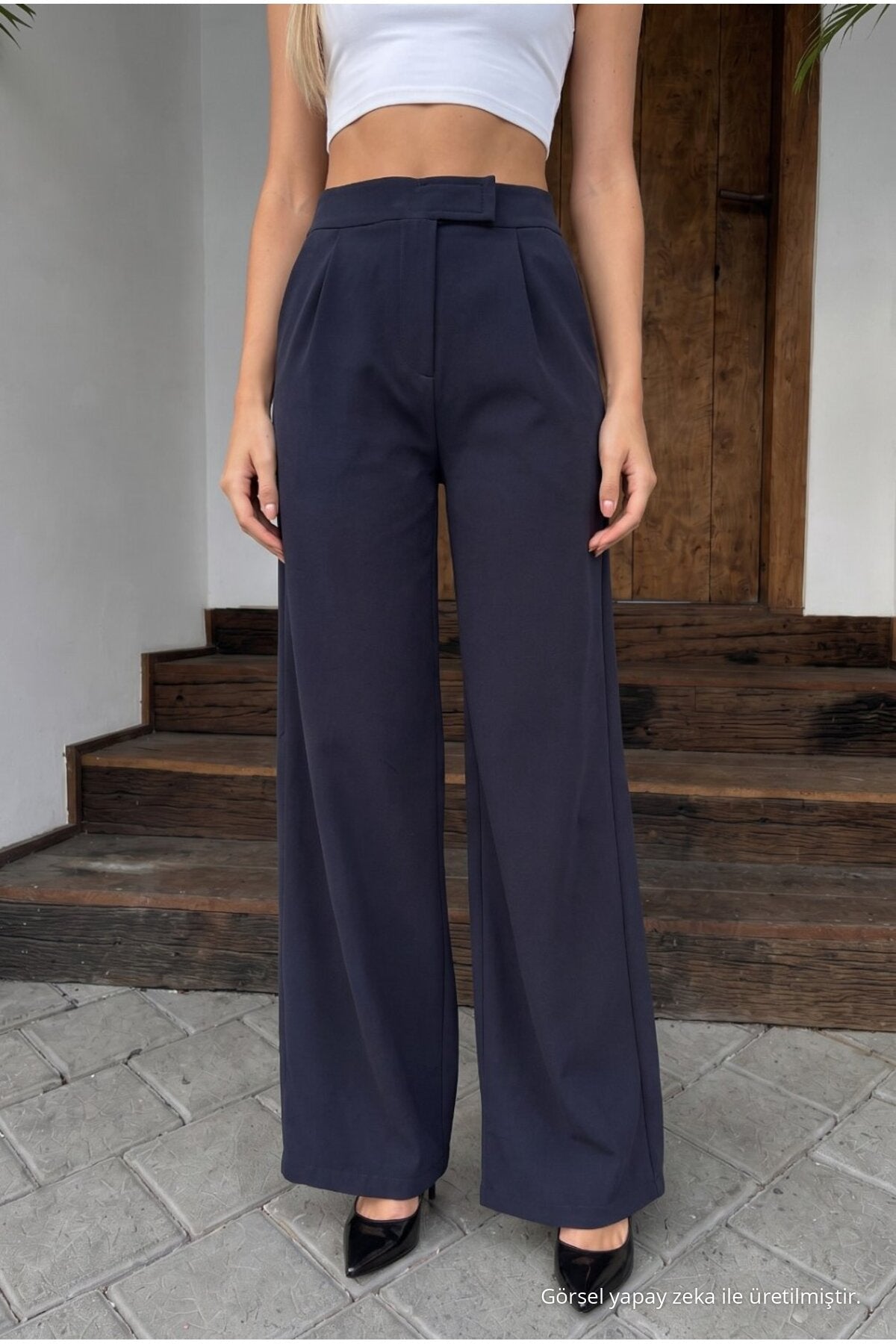 Women's High-Waisted Wide-Leg Lycra Trousers with Velcro Closure, NAVY BLUE - MALLTURK