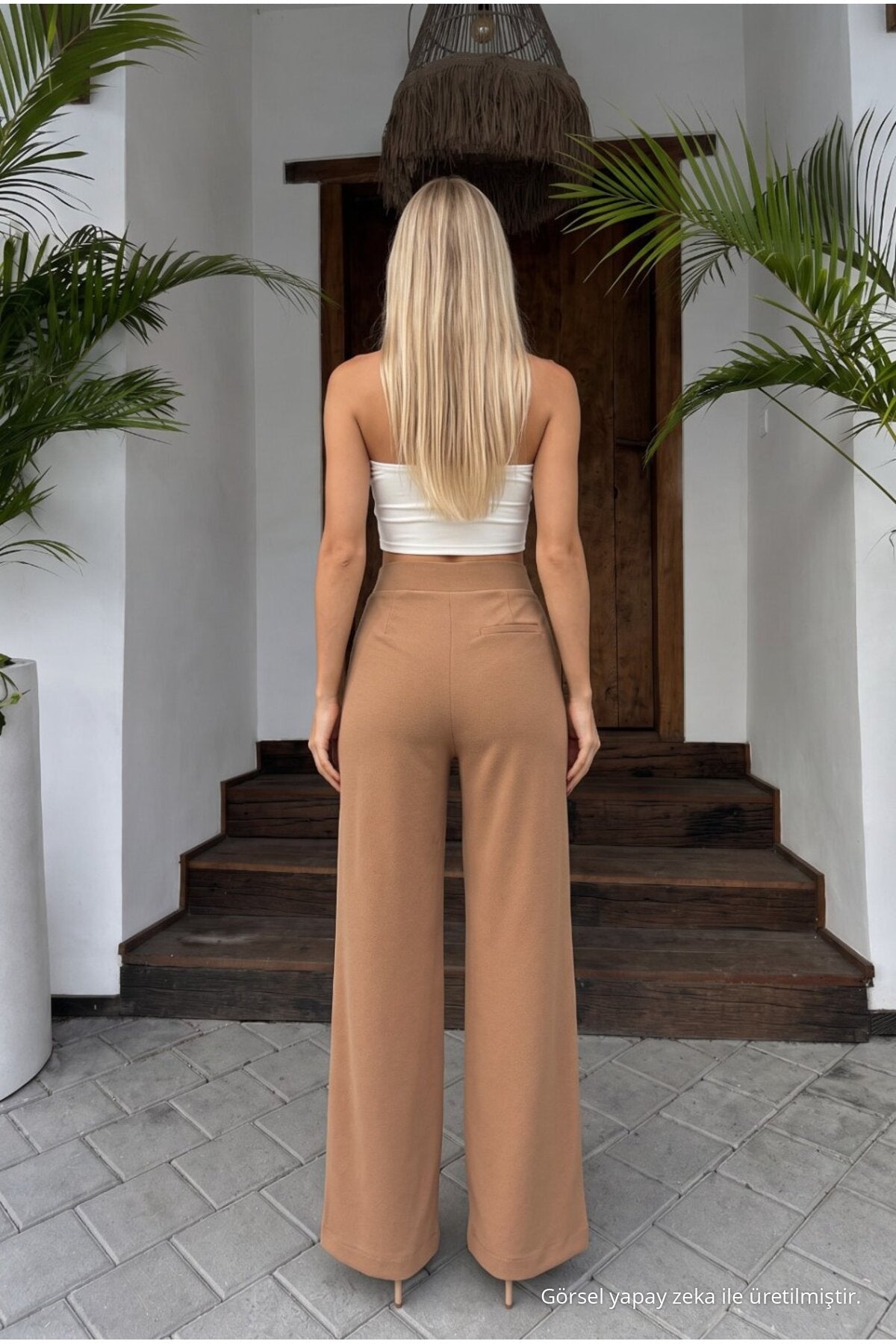 Women's High-Waisted Wide-Leg Lycra Trousers with Velcro Closure, Tan - MALLTURK