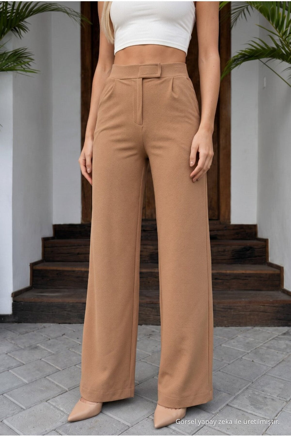 Women's High-Waisted Wide-Leg Lycra Trousers with Velcro Closure, Tan - MALLTURK