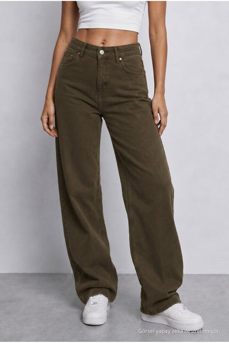 Women's Khaki High Waist Wide Leg Loose Fit Palazzo Pants - MALLTURK