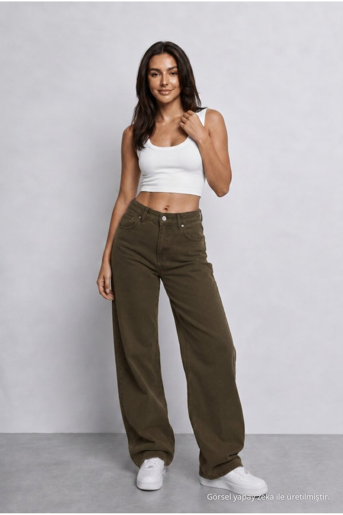 Women's Khaki High Waist Wide Leg Loose Fit Palazzo Pants - MALLTURK