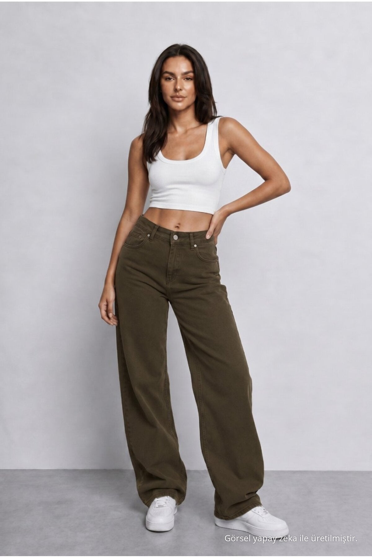 Women's Khaki High Waist Wide Leg Loose Fit Palazzo Pants - MALLTURK
