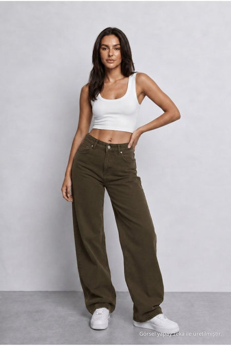 Women's Khaki High Waist Wide Leg Loose Fit Palazzo Pants - MALLTURK
