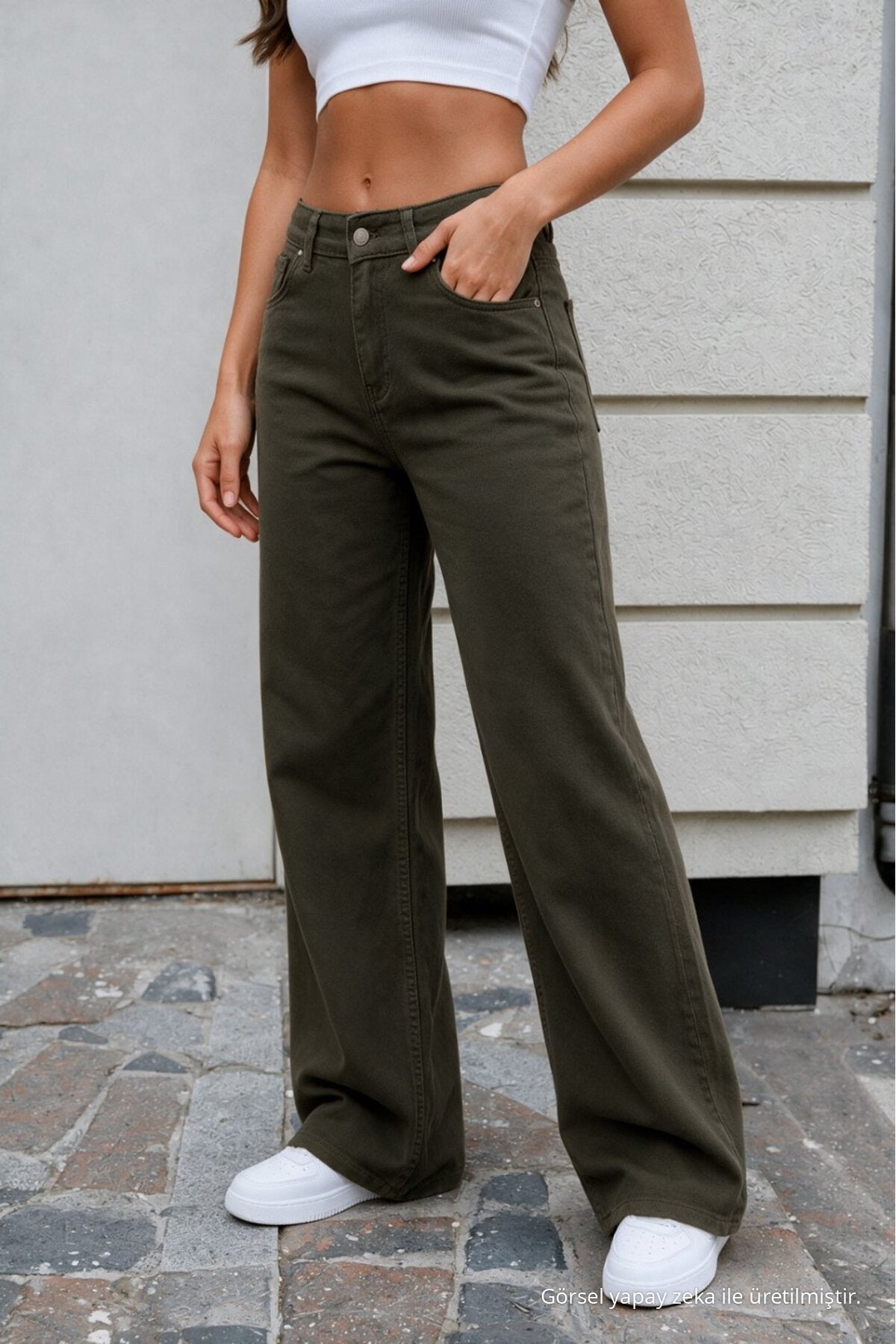 Women's Khaki Wide Leg High Waist Jeans - MALLTURK