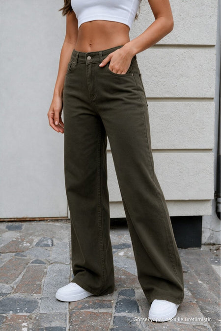 Women's Khaki Wide Leg High Waist Jeans - MALLTURK