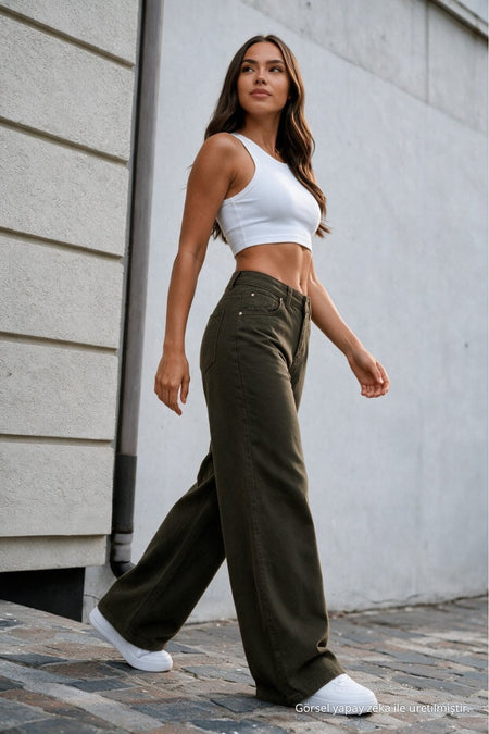 Women's Khaki Wide Leg High Waist Jeans - MALLTURK