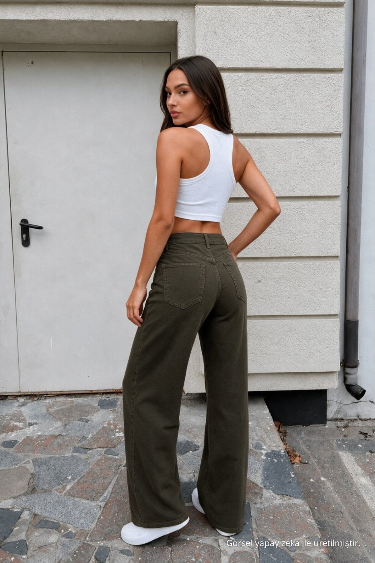 Women's Khaki Wide Leg High Waist Jeans - MALLTURK