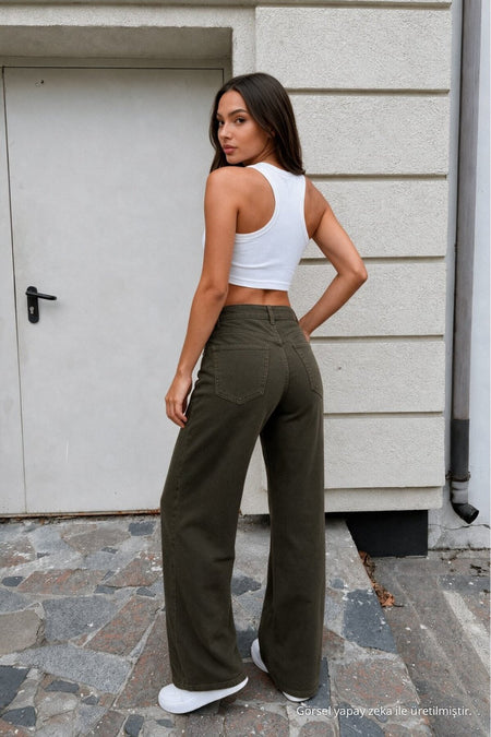 Women's Khaki Wide Leg High Waist Jeans - MALLTURK