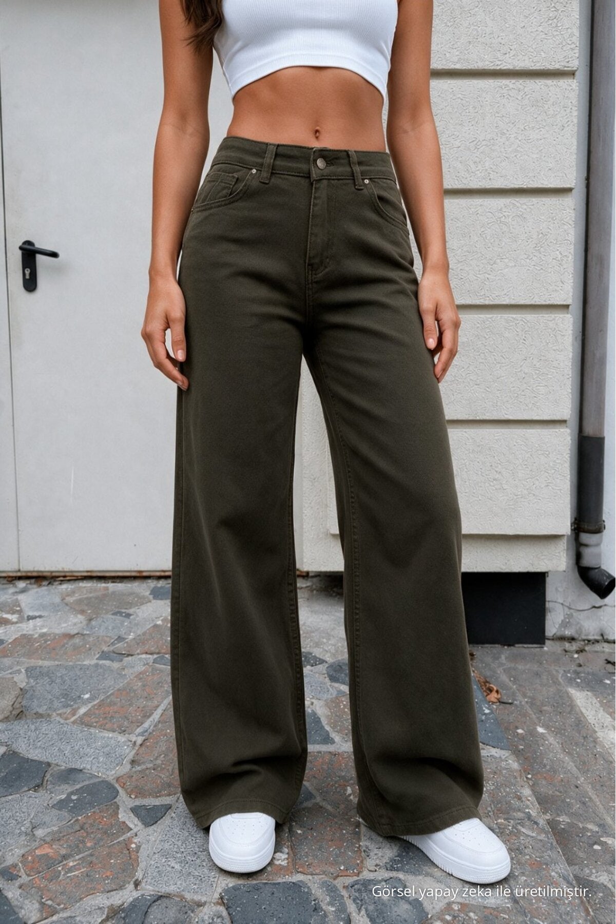 Women's Khaki Wide Leg High Waist Jeans - MALLTURK