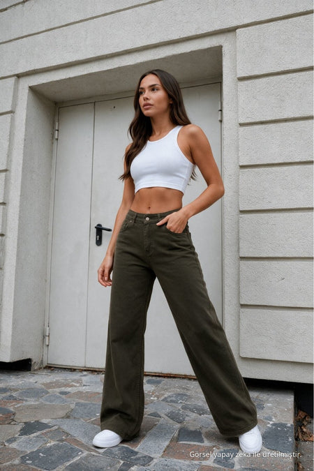 Women's Khaki Wide Leg High Waist Jeans - MALLTURK