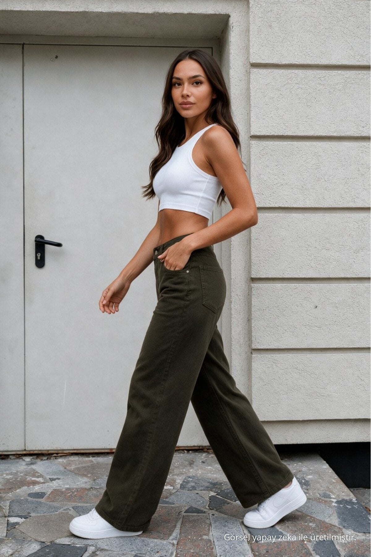 Women's Khaki Wide Leg High Waist Jeans - MALLTURK