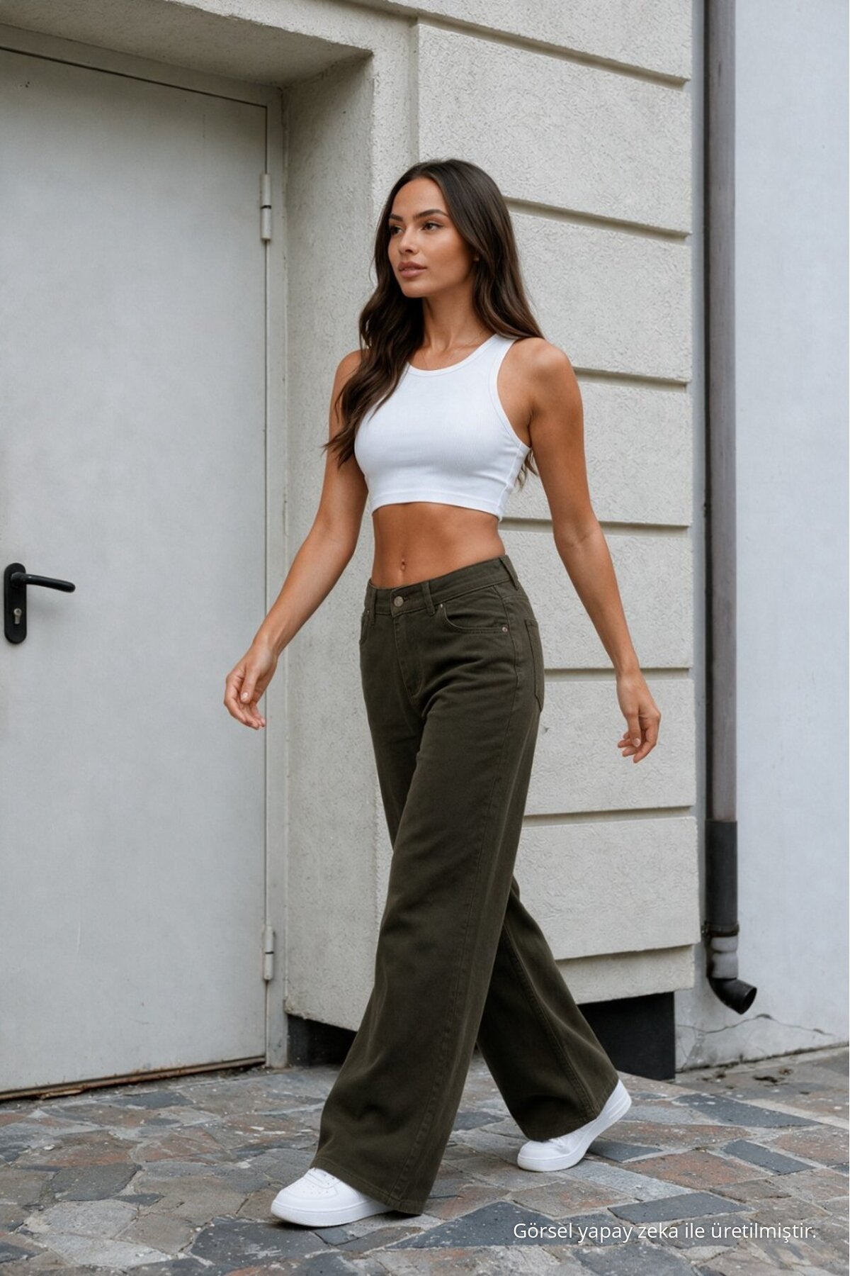 Women's Khaki Wide Leg High Waist Jeans - MALLTURK