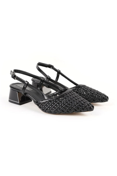 Women's Knitted Patterned Heeled Shoes Pointed Toe Short Thick Heel Slingback Stylish Jurdan Sole 085K1104 - MALLTURK