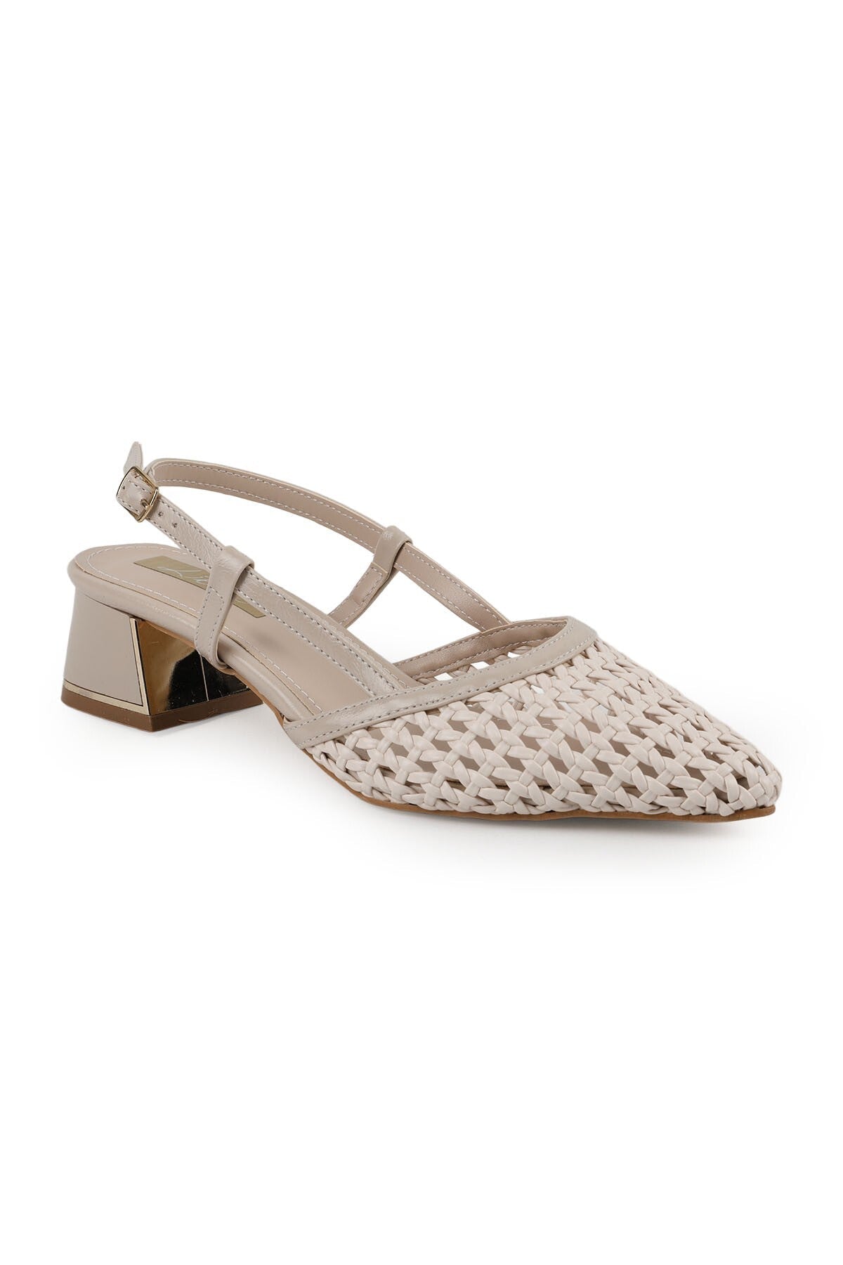 Women's Knitted Patterned Heeled Shoes Pointed Toe Short Thick Heel Slingback Stylish Jurdan Sole 085K1104 - MALLTURK